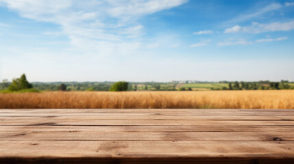  empty wooden brown table top with blur background of farmland and blue sky. - obrazy, fototapety, plakaty