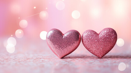 2 pink glitter hearts with sparkle background. Banner background