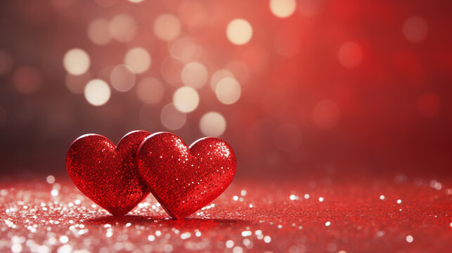 2 red glitter hearts with sparkle background. Banner background
