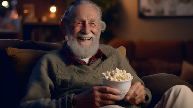 Cheerful senior old grandfather sitting on sofa and holding popcorn watching a tv movie at home