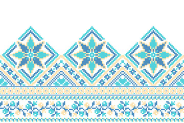 flower embroidery on white background. ikat and cross stitch geometric seamless pattern ethnic oriental traditional. Aztec style illustration design for carpet, wallpaper, clothing, wrapping, batik.