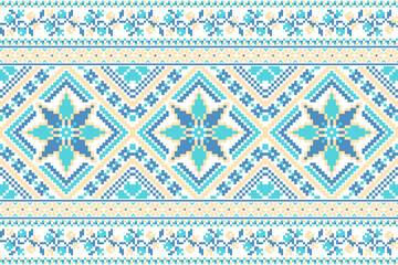 flower embroidery on white background. ikat and cross stitch geometric seamless pattern ethnic oriental traditional. Aztec style illustration design for carpet, wallpaper, clothing, wrapping, batik.