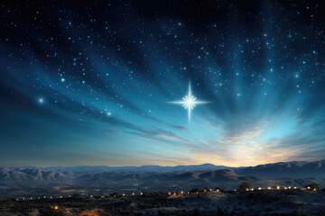 Christmas night. Comet star in night starry sky of Bethlehem. Nativity scene. Jesus Christ birth....