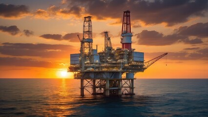 Obraz premium oil drilling rig at sunset time in the ocean