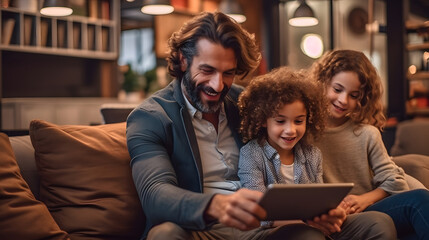 Happy father having fun with using digital tablet computer with his daughter sitting on couch in modern cozy living room at home together
