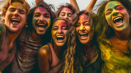 Multiethnic group of young cheerful friends playing with colorful holi powder celebrating summer...
