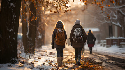 Back view of teenagers with backpack walking to school in winter - obrazy, fototapety, plakaty