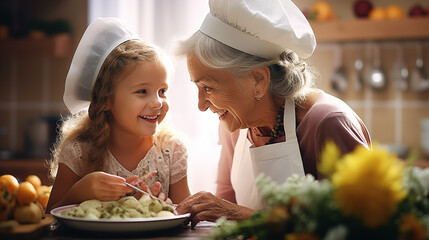 Candid photo of a contented grandmother in a chef’s hat and apron teaches to cook a cheerful granddaughter in a modern kitchen - obrazy, fototapety, plakaty