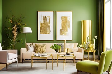 Architectural Digest photo of a Japanese and Scandinavian design style living room with golden lights