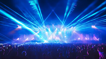 Euphoric concert crowd on live futuristic music festival concert with lights, lasers, smoke, and a dancing crowd