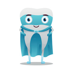 Funny tooth in superhero costume on white background