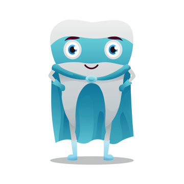 Funny tooth in superhero costume on white background