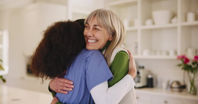 Senior woman, smile or caregiver with hug for healthcare support, empathy or hope at nursing home. Happy, care or friendly nurse speaking to mature female patient or sick person with cancer in clinic