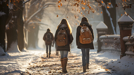 Back view of teenagers with backpack walking to school in winter