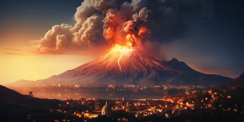 Tuinposter volcanic eruption on the island, fire and lava, a lot of smoke, natural disaster and catastrophe © Katrin_Primak