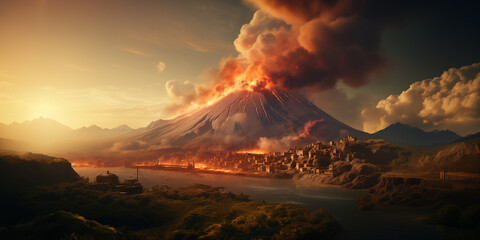 volcanic eruption on the island, fire and lava, a lot of smoke, natural disaster and catastrophe