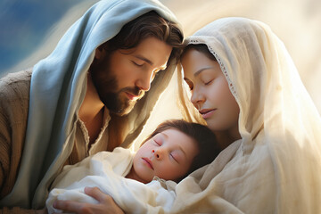 Nativity scene with Mary, Joseph and newborn baby Jesus. Christian Christmas scene with holy...