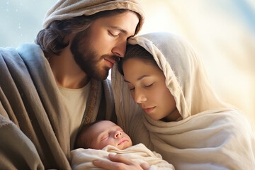 Nativity scene with Mary, Joseph and newborn baby Jesus. Christian Christmas scene with holy family. Birth of Salvation, Messiah, Emmanuel, God with us © jchizhe