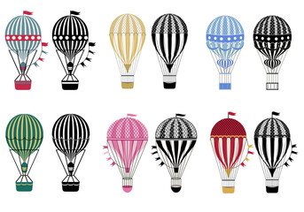 Aerostat balloon transport set. Cartoon color and black and white air balloons. Aerostat flight transport, air balloon, ballooning journey illustration. Vintage hot air balloons vector illustration
