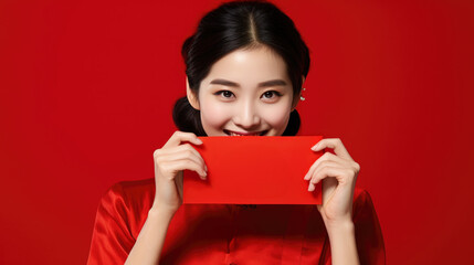 Fototapeta premium Fashion smiling girl wearing wearing Chinese traditional clothing, holding Hongbao, Chinese spring festival, Chinese new year