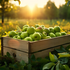 Green apples harvested in a wooden box in apple orchard with sunset. Natural organic fruit abundance. Agriculture, healthy and natural food concept.