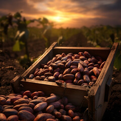 Cocoa beans harvested in a wooden box in a plantation with sunset. Natural organic fruit abundance. Agriculture, healthy and natural food concept. Square composition. - obrazy, fototapety, plakaty