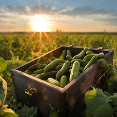 Gherkins harvested in a wooden box with field and sunset in the background. Natural organic fruit abundance. Agriculture, healthy and natural food concept. Square composition.
