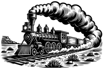 Steam Train Linocut - obrazy, fototapety, plakaty