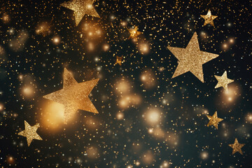 Golden stars lights with abstract defocused elements, glitter, bokeh over dark background. Festive Christmas and New year background