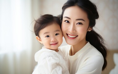 Fashion mother holding her kid in bright background, love concept
