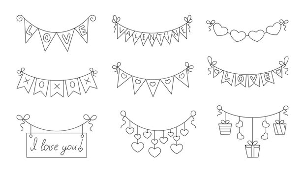 Garland of hearts. Coloring Page. Valentines Day decoration. Love and romance. Hand drawn style. Vector drawing. Collection of design elements.