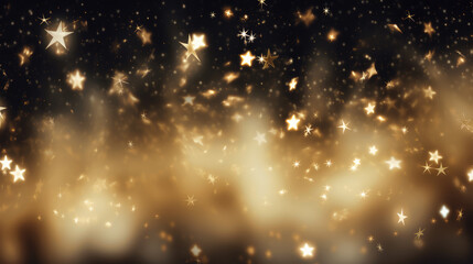 Golden stars lights with abstract defocused elements, glitter, bokeh over dark background. Festive Christmas and New year background