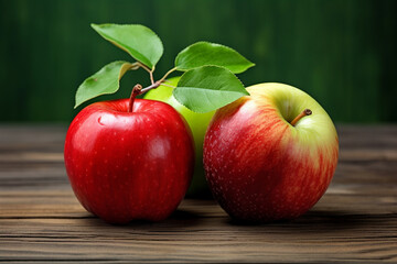 Green and red color apple fruits on a wooden table