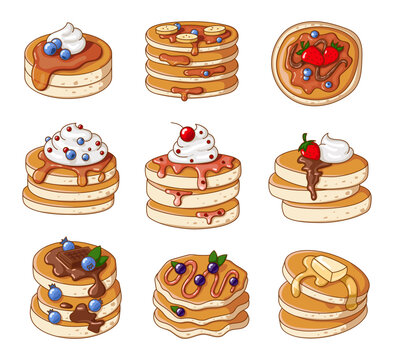 Breakfast pancakes. Stacks of tasty food with maple syrup, butter, chocolate syrup, fruits and jam. Hand drawn style. Vector drawing. Collection of design elements.