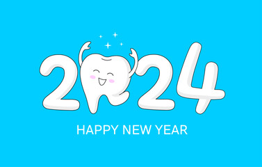Cartoon tooth character with 2024 New Year sign. Vector illustration for New Year celebration.