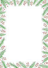 Christmas fir branches frame. Xmas border for holiday greeting card and invitation. Winter plants vector illustration.