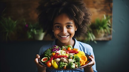A child proudly holding a paper plate adorned with a medley of healthy food choices