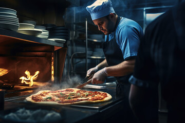A chef is making pizza - obrazy, fototapety, plakaty