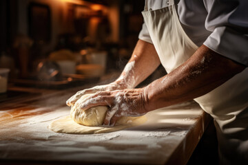 A chef is using a rolling pin to flatten dough - obrazy, fototapety, plakaty