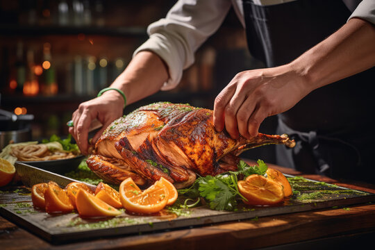 A chef is skillfully carving a roasted turkey