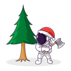 Little Cute Astronaut Kids Cutting Down Pine Tree. Cartoon Logo Illustration Design. Isolated Premium Vector File, background is easy to edit. Can use for Icon, banner, flyer or any design project