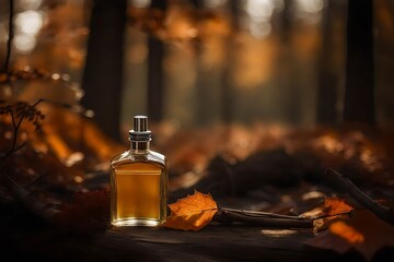 perfume flacon in autumn forest soil  - obrazy, fototapety, plakaty