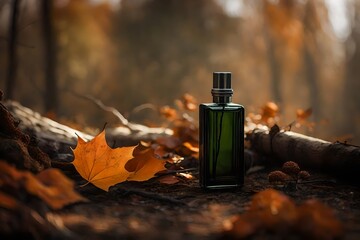 green perfume flacon in autumn forest soil 