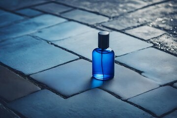 blue colroed pefume bottle on  old street stone pavement  floor - obrazy, fototapety, plakaty