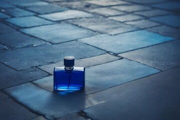 blue colroed pefume bottle on  old street stone pavement  floor - obrazy, fototapety, plakaty