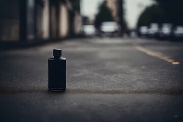 black pefume bottle on  old street stone pavement  floor