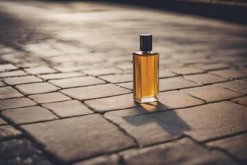 amber colroed pefume bottle on  old street stone pavement  floor - obrazy, fototapety, plakaty