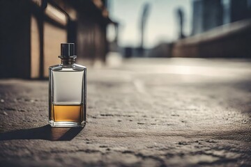 amber colroed pefume bottle on  old street pavement  sidewalk - obrazy, fototapety, plakaty