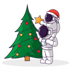Little Cute Astronaut Kids Put Star On Christmas Tree. Cartoon Logo Illustration Design. Isolated Premium Vector File, background is easy to edit. Can use for Icon, banner, flyer or any design project