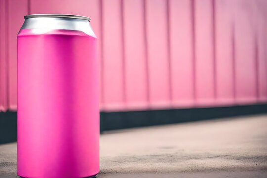 pink colored regular 33cl beverage canon a concrete ground , blank packaging advertising template